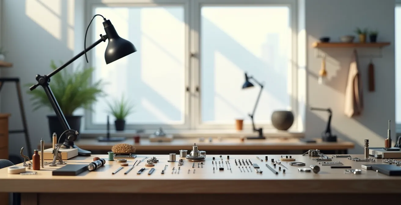 Vue large d'un atelier de bijouterie professionnel avec établi et outils spécialisés