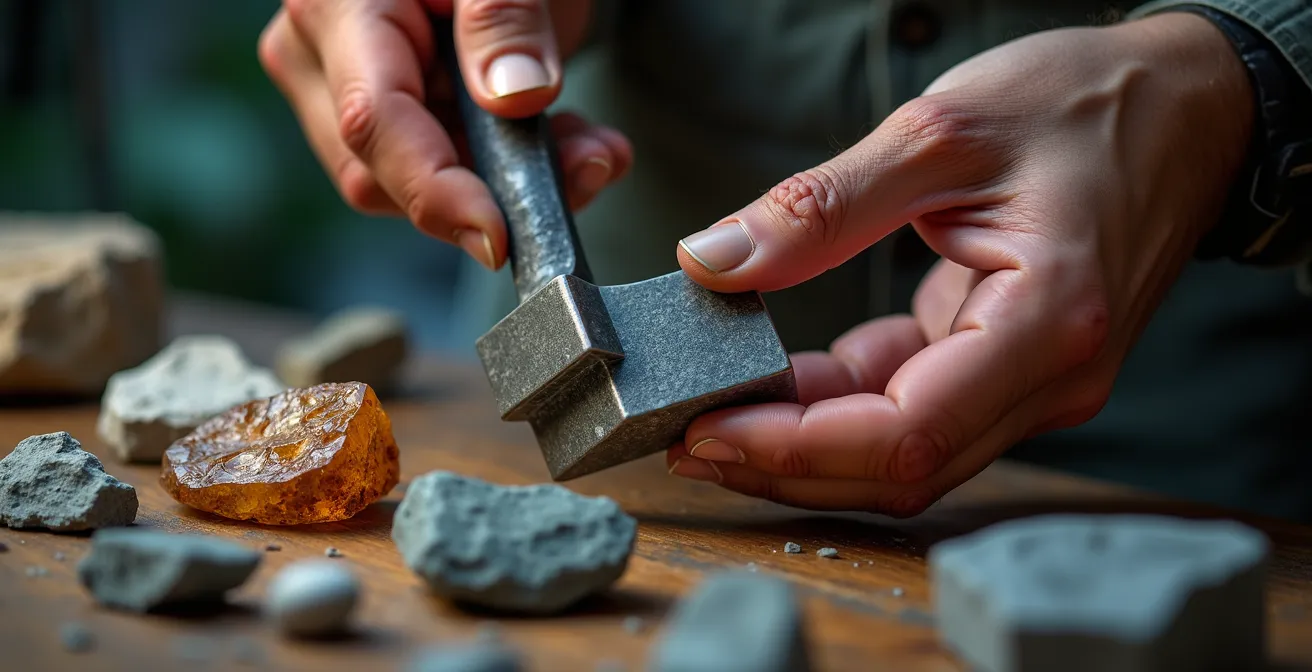 Gros plan sur des mains expertes examinant des pierres brutes avec une loupe de joaillier